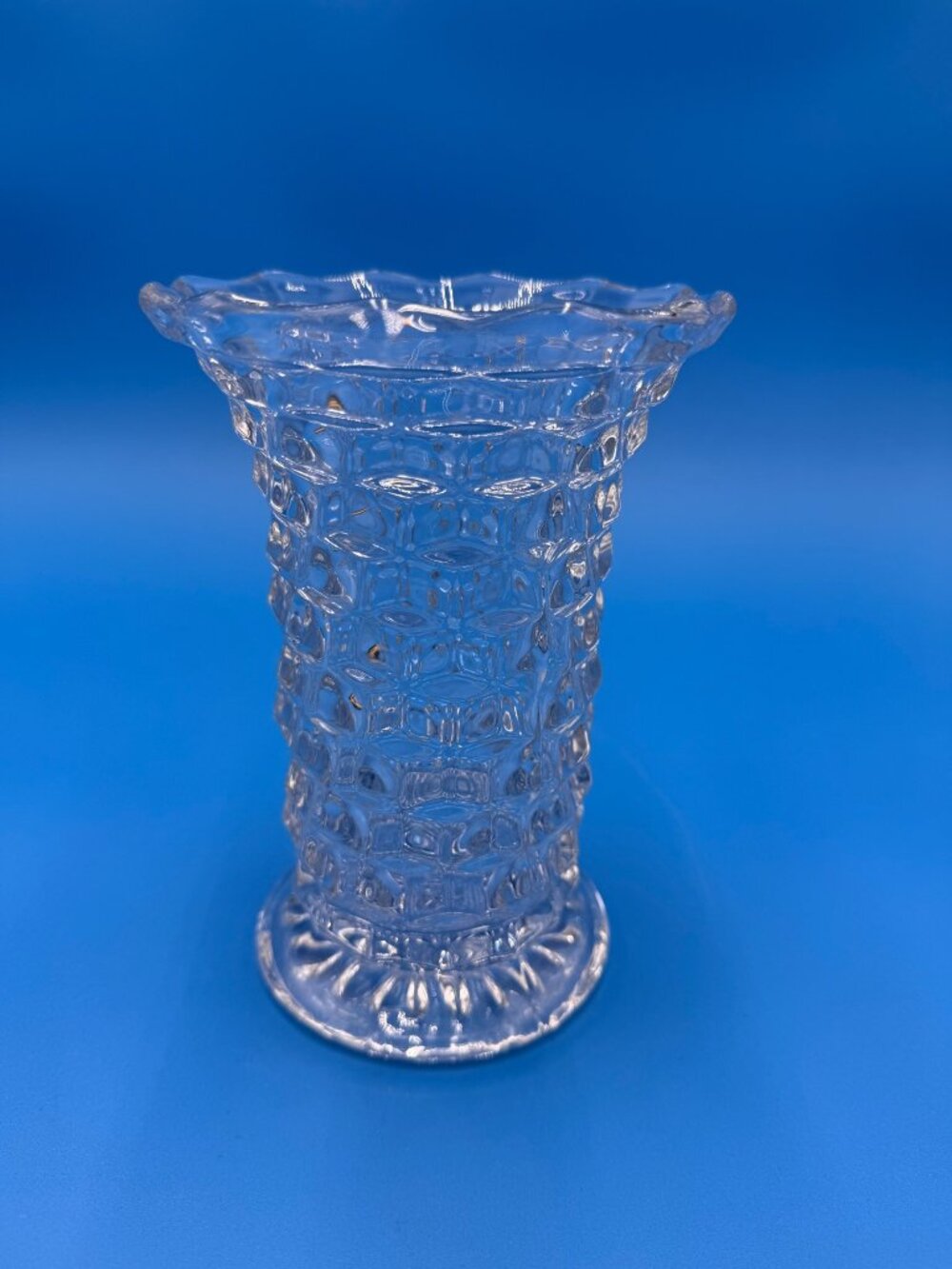 Vintage Clear Textured Glass Vase Flared Scalloped Rim